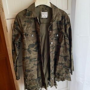 Highway Jeans Distressed Olive Camouflage Button Up Shacket